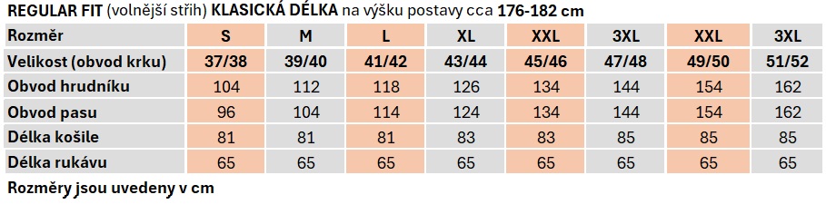 Tabulka velikostí MMER klasická délka Regular fit